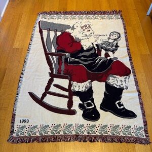 Vintage 1993 Santa Claus Christmas Woven Throw Blanket 69” x 49.5” Holiday Decor